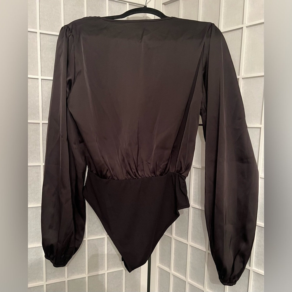SHEIN Black Satin V-Neck Deep V Long-Sleeve Bodysuit - Picture 2 of 5